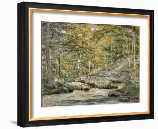 Woodland Pool with Men Fishing, 1870 (W/C on Paper)-John William Hill-Framed Giclee Print