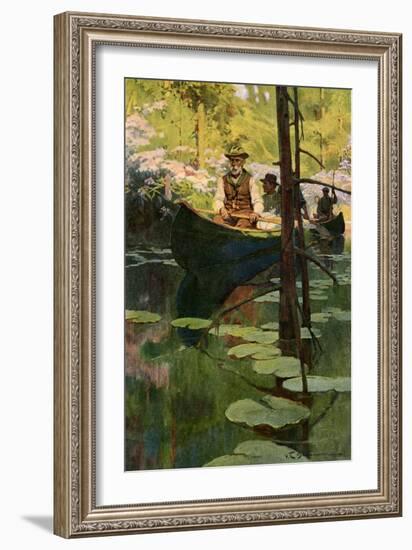 Woodsmen in Canoes Floating on a Tranquil River, circa 1900-null-Framed Giclee Print