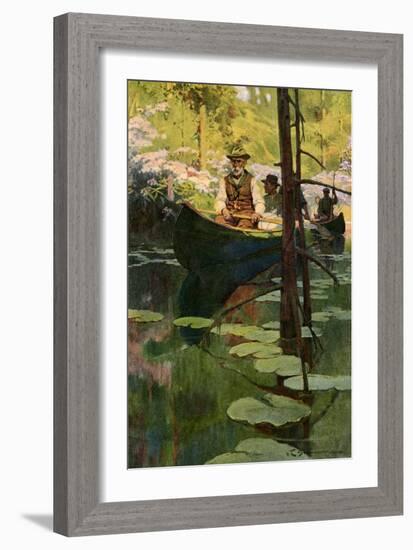 Woodsmen in Canoes Floating on a Tranquil River, circa 1900-null-Framed Giclee Print