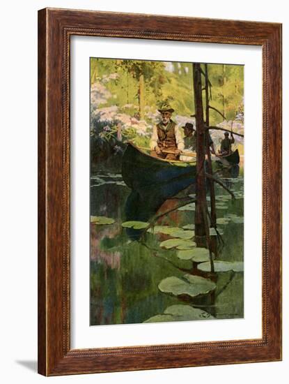 Woodsmen in Canoes Floating on a Tranquil River, circa 1900-null-Framed Giclee Print