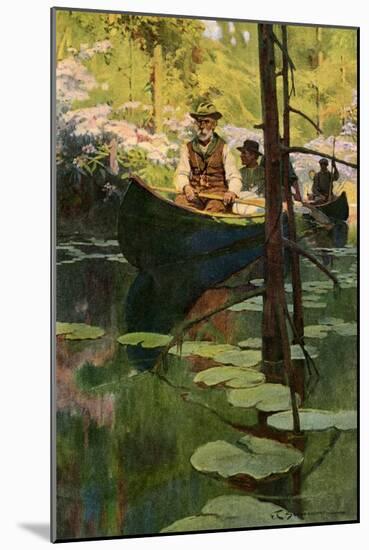 Woodsmen in Canoes Floating on a Tranquil River, circa 1900-null-Mounted Giclee Print