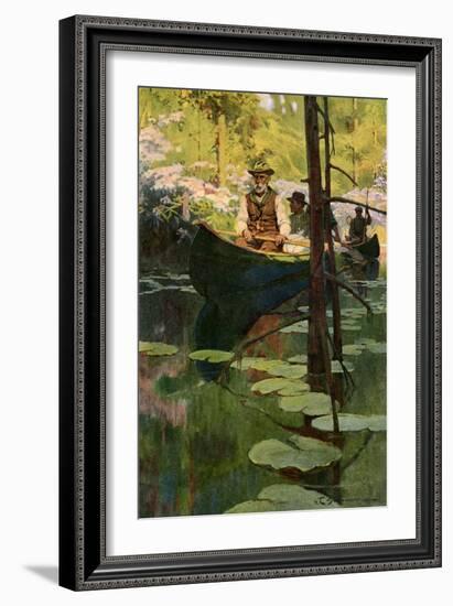 Woodsmen in Canoes Floating on a Tranquil River, circa 1900-null-Framed Giclee Print