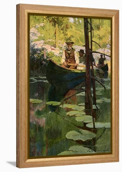 Woodsmen in Canoes Floating on a Tranquil River, circa 1900-null-Framed Premier Image Canvas