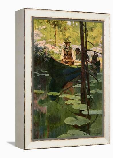 Woodsmen in Canoes Floating on a Tranquil River, circa 1900-null-Framed Premier Image Canvas