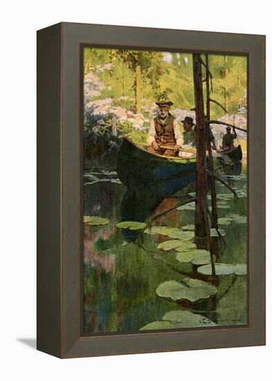 Woodsmen in Canoes Floating on a Tranquil River, circa 1900-null-Framed Premier Image Canvas