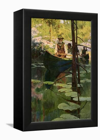 Woodsmen in Canoes Floating on a Tranquil River, circa 1900-null-Framed Premier Image Canvas