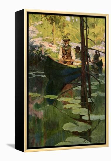 Woodsmen in Canoes Floating on a Tranquil River, circa 1900-null-Framed Premier Image Canvas