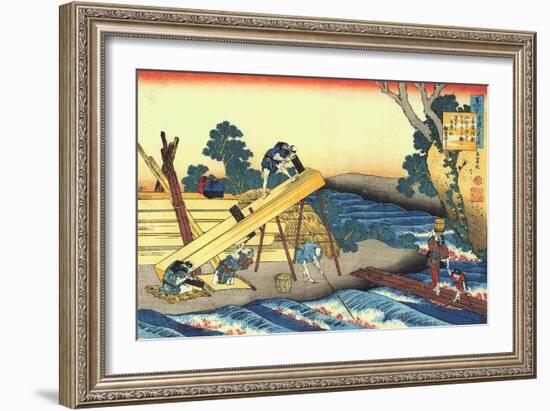 Woodworkers sawing wood, preparing planks.-Katsushika Hokusai-Framed Giclee Print