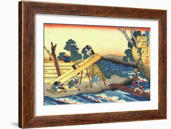 Woodworkers sawing wood, preparing planks.-Katsushika Hokusai-Framed Giclee Print