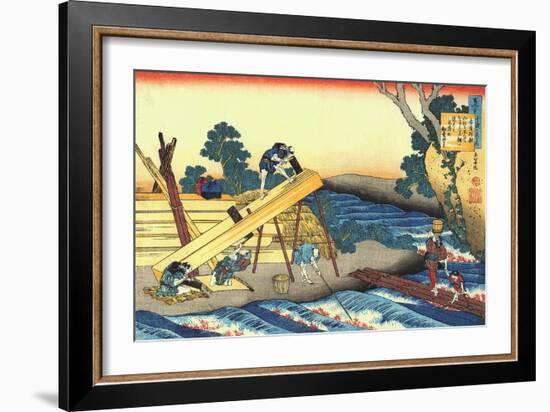 Woodworkers sawing wood, preparing planks.-Katsushika Hokusai-Framed Giclee Print