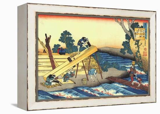 Woodworkers sawing wood, preparing planks.-Katsushika Hokusai-Framed Premier Image Canvas