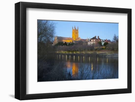 Worcester Cathedral on the River Severn Floodlit at Dusk, Worcester, Worcestershire, England, UK-Stuart Black-Framed Photographic Print