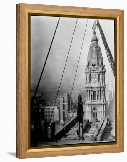 Worker at Skyscraper Building Site, with City Visible Below Him-Emil Otto Hoppé-Framed Premier Image Canvas