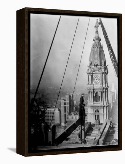 Worker at Skyscraper Building Site, with City Visible Below Him-Emil Otto Hoppé-Framed Premier Image Canvas