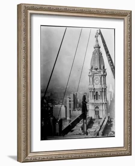 Worker at Skyscraper Building Site, with City Visible Below Him-Emil Otto Hoppé-Framed Photographic Print