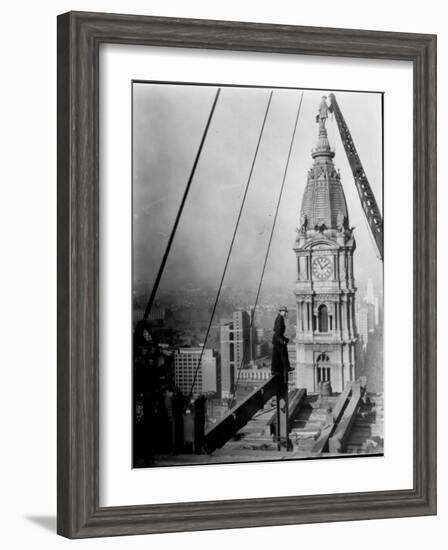 Worker at Skyscraper Building Site, with City Visible Below Him-Emil Otto Hoppé-Framed Photographic Print