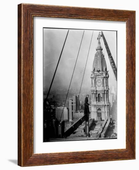 Worker at Skyscraper Building Site, with City Visible Below Him-Emil Otto Hoppé-Framed Photographic Print