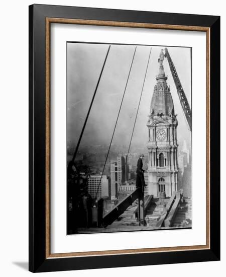 Worker at Skyscraper Building Site, with City Visible Below Him-Emil Otto Hoppé-Framed Photographic Print