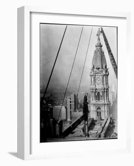 Worker at Skyscraper Building Site, with City Visible Below Him-Emil Otto Hoppé-Framed Photographic Print