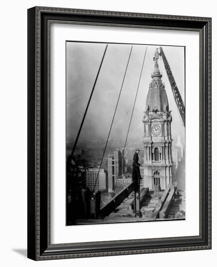 Worker at Skyscraper Building Site, with City Visible Below Him-Emil Otto Hoppé-Framed Photographic Print