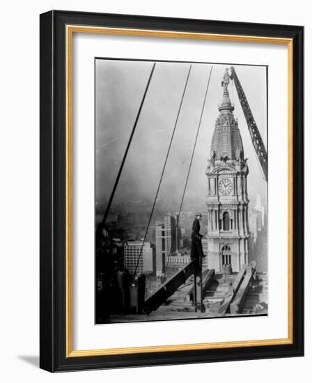 Worker at Skyscraper Building Site, with City Visible Below Him-Emil Otto Hoppé-Framed Photographic Print