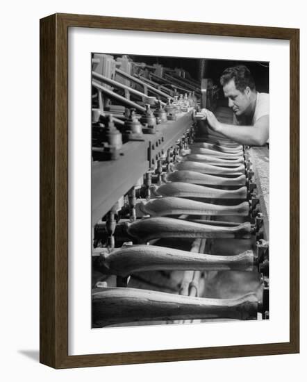 Worker Carving Chair Legs, 24 at a Time, at a Tomlinson Furniture Factory-Margaret Bourke-White-Framed Photographic Print