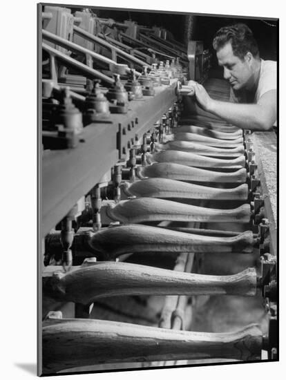 Worker Carving Chair Legs, 24 at a Time, at a Tomlinson Furniture Factory-Margaret Bourke-White-Mounted Photographic Print