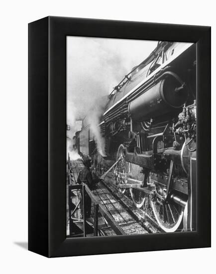 Worker Cleaning Train Engine in Yard at Union Station-Alfred Eisenstaedt-Framed Premier Image Canvas
