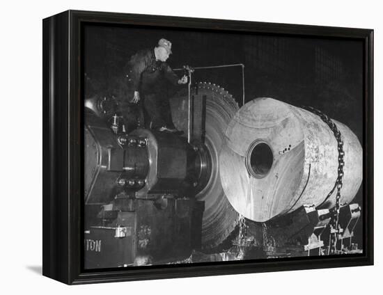 Worker Cutting the Gun Casting in the Bethlehem Steel Factory-Dmitri Kessel-Framed Premier Image Canvas