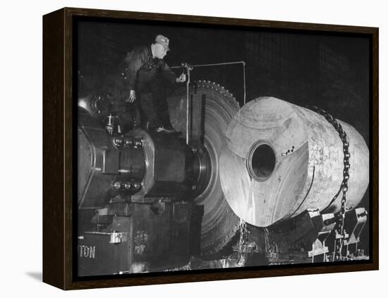 Worker Cutting the Gun Casting in the Bethlehem Steel Factory-Dmitri Kessel-Framed Premier Image Canvas