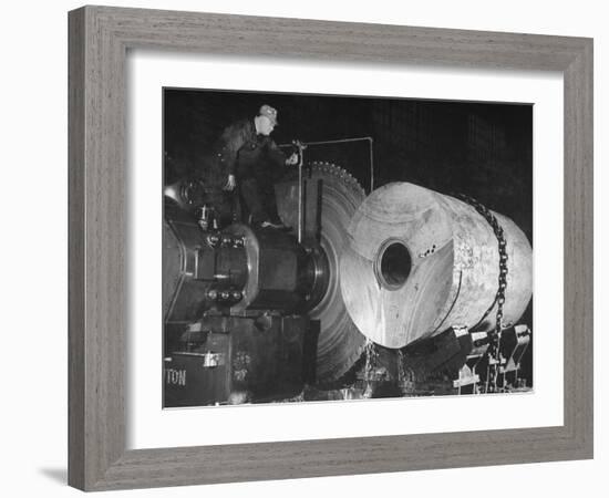 Worker Cutting the Gun Casting in the Bethlehem Steel Factory-Dmitri Kessel-Framed Photographic Print