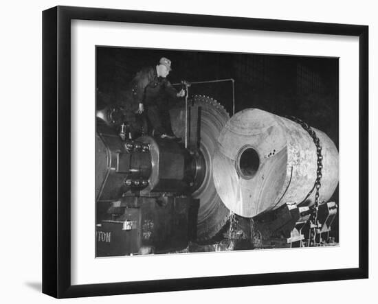 Worker Cutting the Gun Casting in the Bethlehem Steel Factory-Dmitri Kessel-Framed Photographic Print