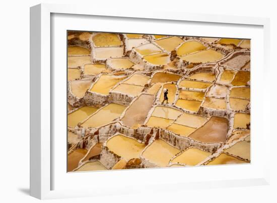 Worker Mining for Salt, Salineras De Maras, Maras Salt Flats, Sacred Valley, Peru, South America-Laura Grier-Framed Photographic Print