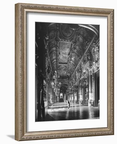 Worker Mopping the Floor of the Grand Foyer at the Opera House-Walter Sanders-Framed Photographic Print