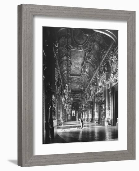 Worker Mopping the Floor of the Grand Foyer at the Opera House-Walter Sanders-Framed Photographic Print