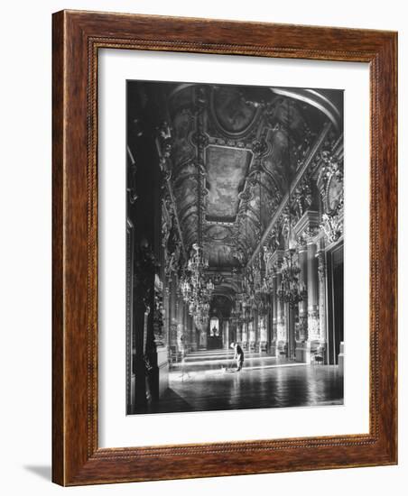 Worker Mopping the Floor of the Grand Foyer at the Opera House-Walter Sanders-Framed Photographic Print