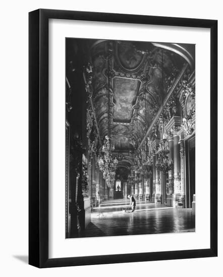 Worker Mopping the Floor of the Grand Foyer at the Opera House-Walter Sanders-Framed Photographic Print