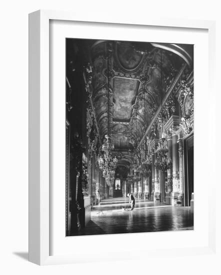 Worker Mopping the Floor of the Grand Foyer at the Opera House-Walter Sanders-Framed Photographic Print