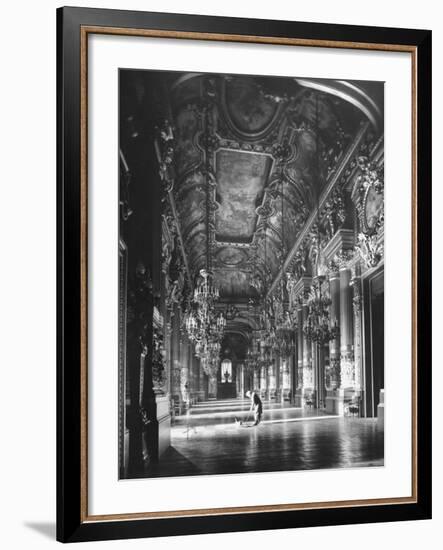 Worker Mopping the Floor of the Grand Foyer at the Opera House-Walter Sanders-Framed Photographic Print