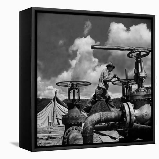 Worker Opening up a Pipeline to Let the Oil Flow-Thomas D^ Mcavoy-Framed Premier Image Canvas