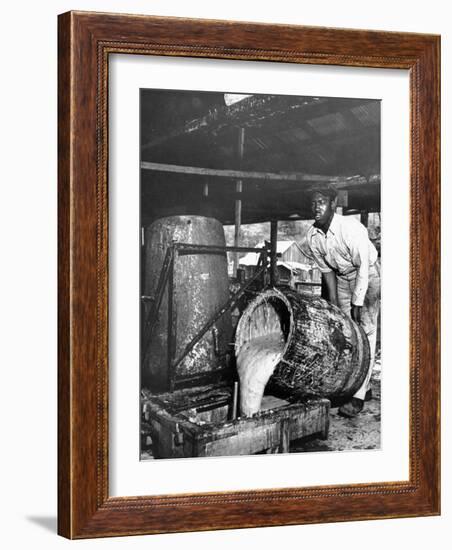 Worker Pouring Gum from Pine Trees into a Still During Turpentine Production-Hansel Mieth-Framed Photographic Print