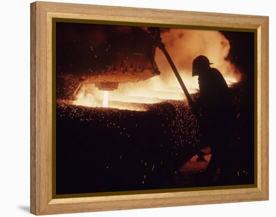 Worker Pouring Hot Steel at an Unidentified Brazilian Steel Plant-Paul Schutzer-Framed Premier Image Canvas