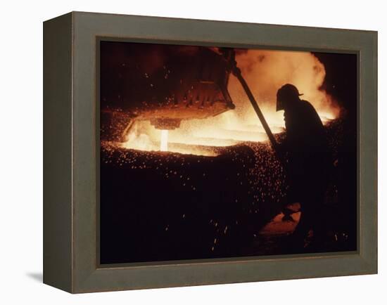 Worker Pouring Hot Steel at an Unidentified Brazilian Steel Plant-Paul Schutzer-Framed Premier Image Canvas