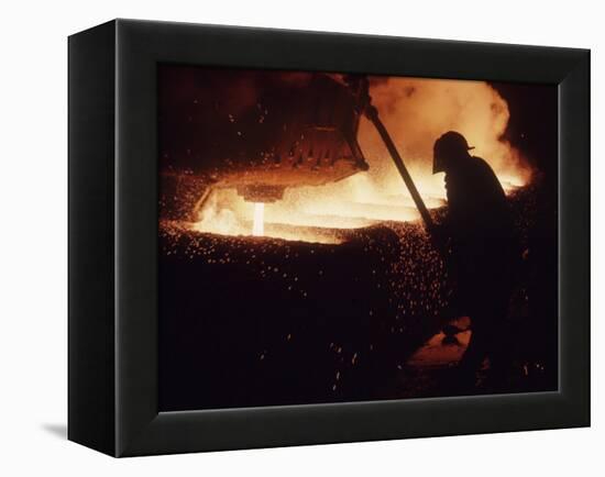 Worker Pouring Hot Steel at an Unidentified Brazilian Steel Plant-Paul Schutzer-Framed Premier Image Canvas