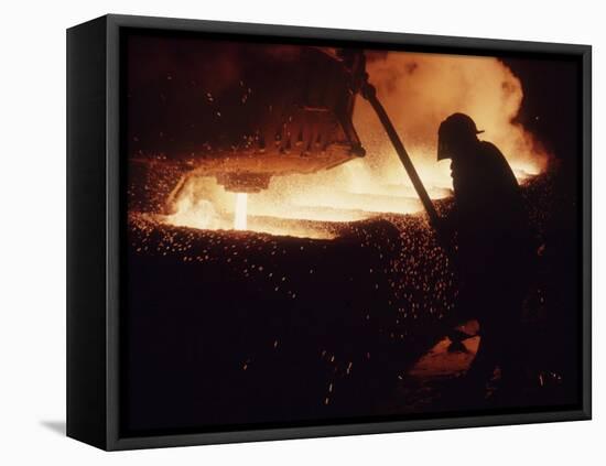 Worker Pouring Hot Steel at an Unidentified Brazilian Steel Plant-Paul Schutzer-Framed Premier Image Canvas