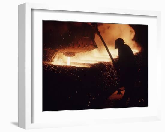 Worker Pouring Hot Steel at an Unidentified Brazilian Steel Plant-Paul Schutzer-Framed Photographic Print