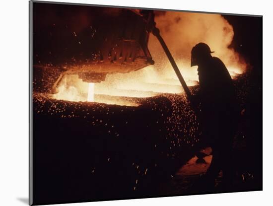 Worker Pouring Hot Steel at an Unidentified Brazilian Steel Plant-Paul Schutzer-Mounted Photographic Print