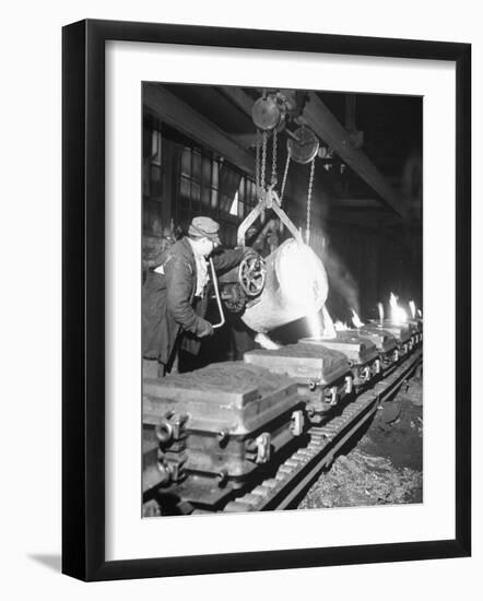 Worker Pouring Hot Steel into Molds at Auto Manufacturing Plant-Ralph Morse-Framed Photographic Print