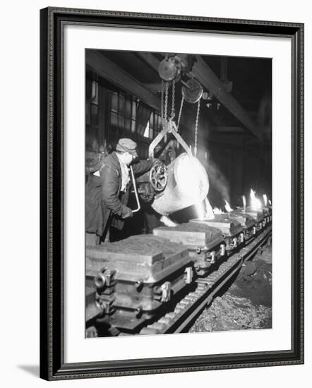 Worker Pouring Hot Steel into Molds at Auto Manufacturing Plant-Ralph Morse-Framed Photographic Print