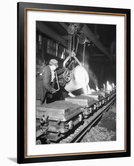 Worker Pouring Hot Steel into Molds at Auto Manufacturing Plant-Ralph Morse-Framed Photographic Print